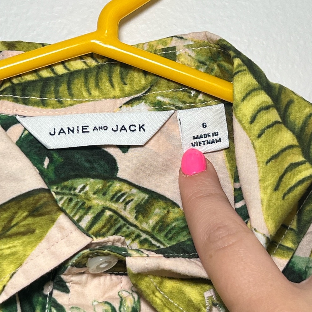 Janie and Jack Pink & Green Graphic Palm Poplin Shirt - Picture 2 of 5